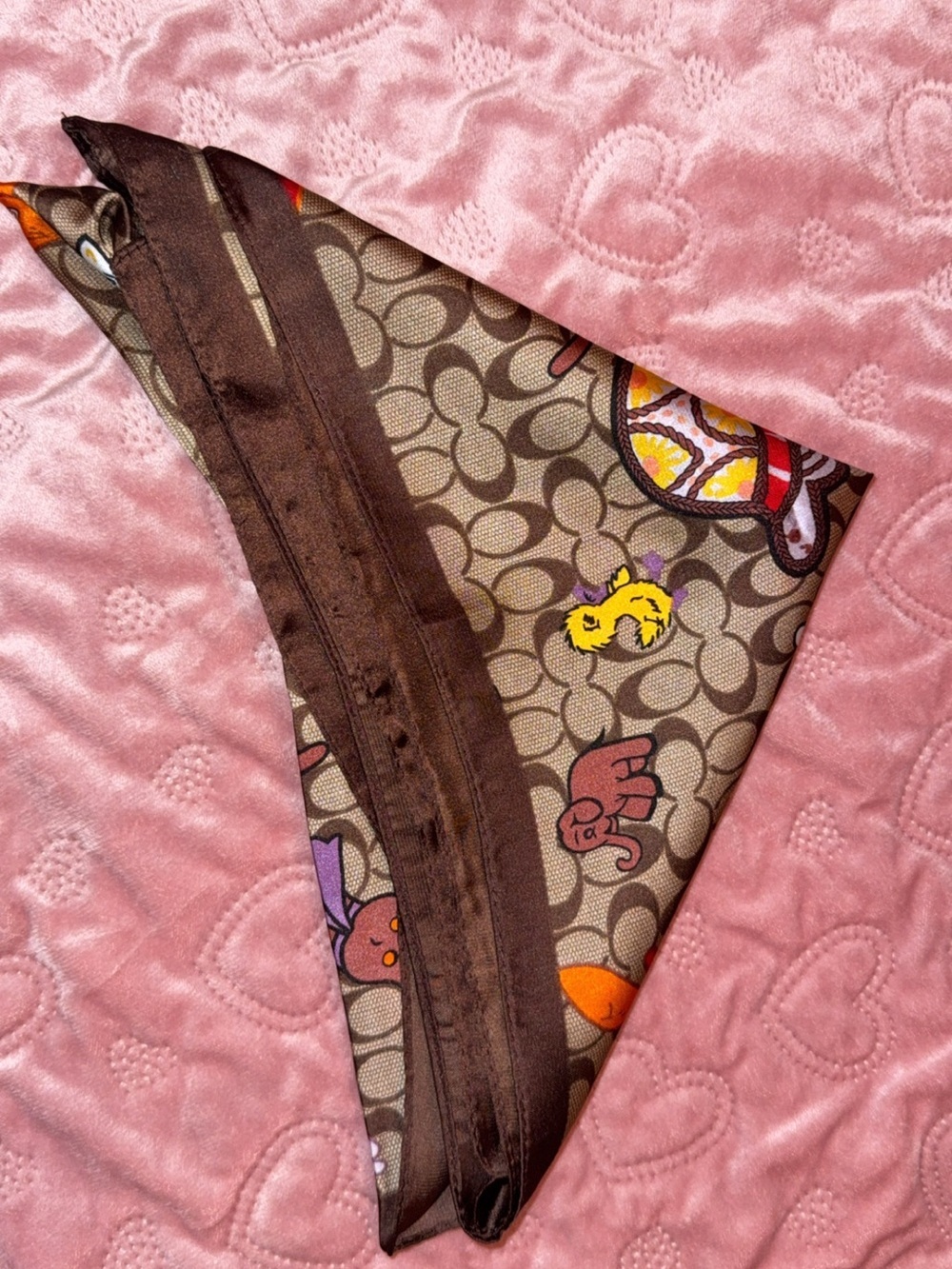 Brown Patterned Silk-Feel Headscarf with Orange Accents - Picture 9 of 11